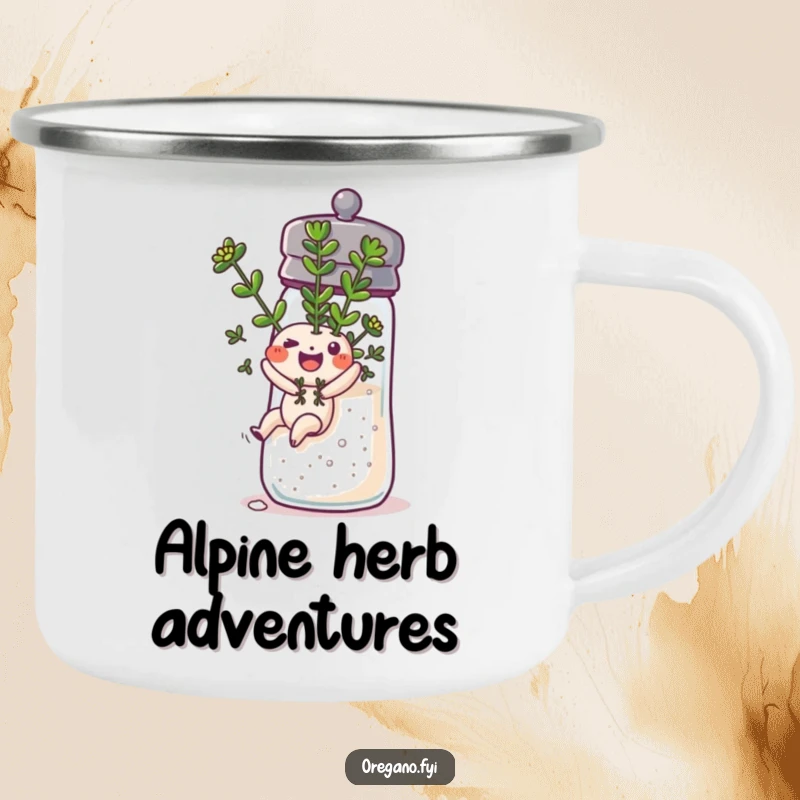 Funny oregano sprig sliding down a salt shaker on a camping mug, bringing adventurous fun to outdoor activities.