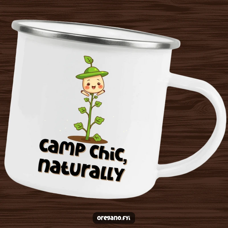 Funny camping mug with a smiling oregano herb sporting a jaunty leaf hat on its stem, perfect for outdoor enjoyment.