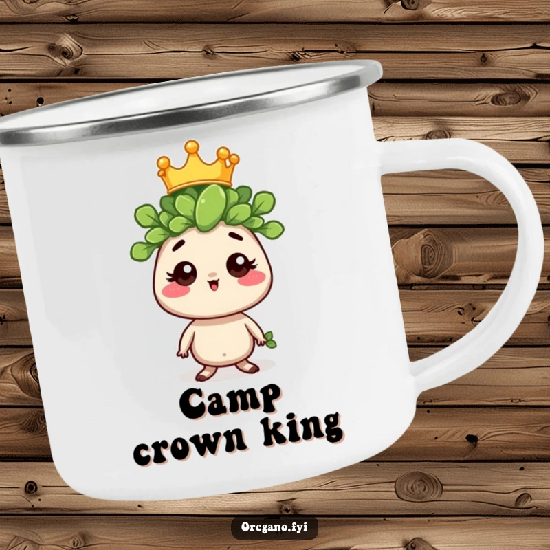 Funny camping mug featuring a regal oregano sprig character with a tiny crown, perfect for outdoor drinks with a side of royal humor.