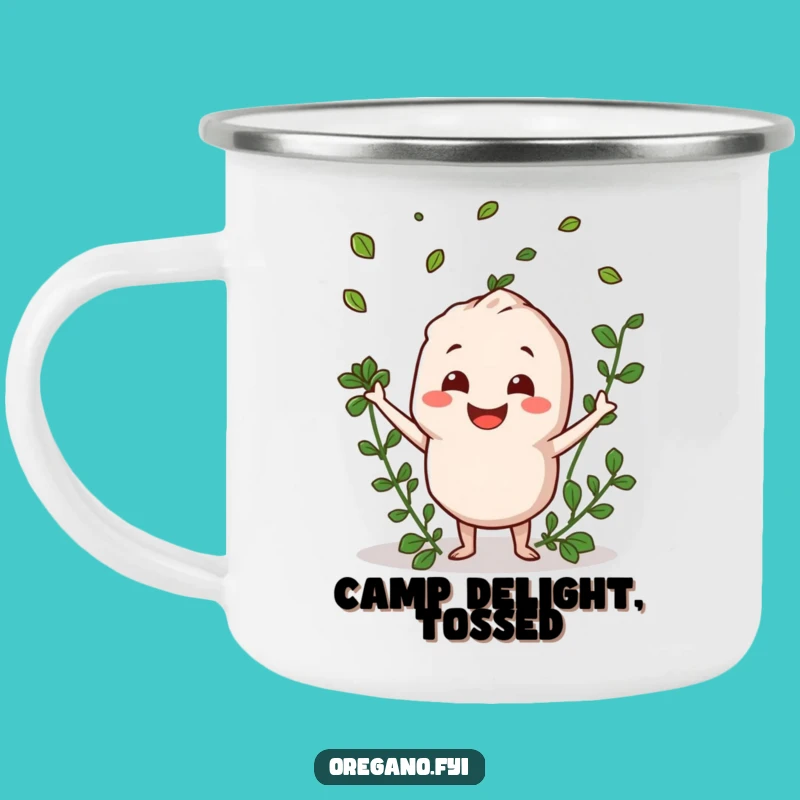 Funny Oregano Tossing Leaves Camping Mug - Happy Vibes Outdoors!