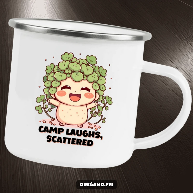 Funny camping mug depicting an oregano character laughing heartily, scattering tiny specks, ready for outdoor fun.