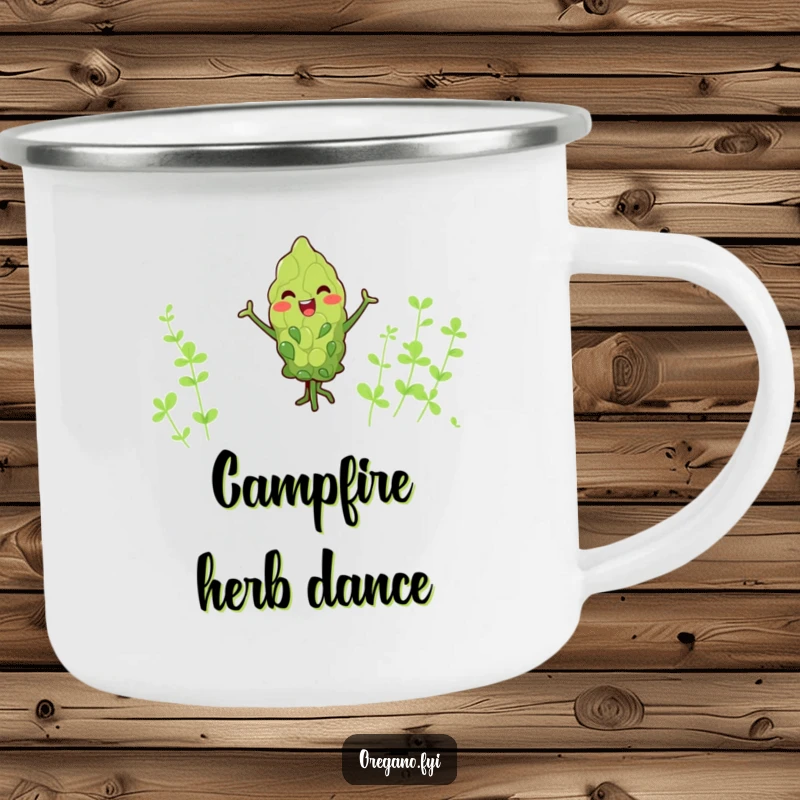 Funny kawaii oregano leaf camping mug, joyfully dancing with tiny arms, durable and humorous enamelware for outdoor lovers.