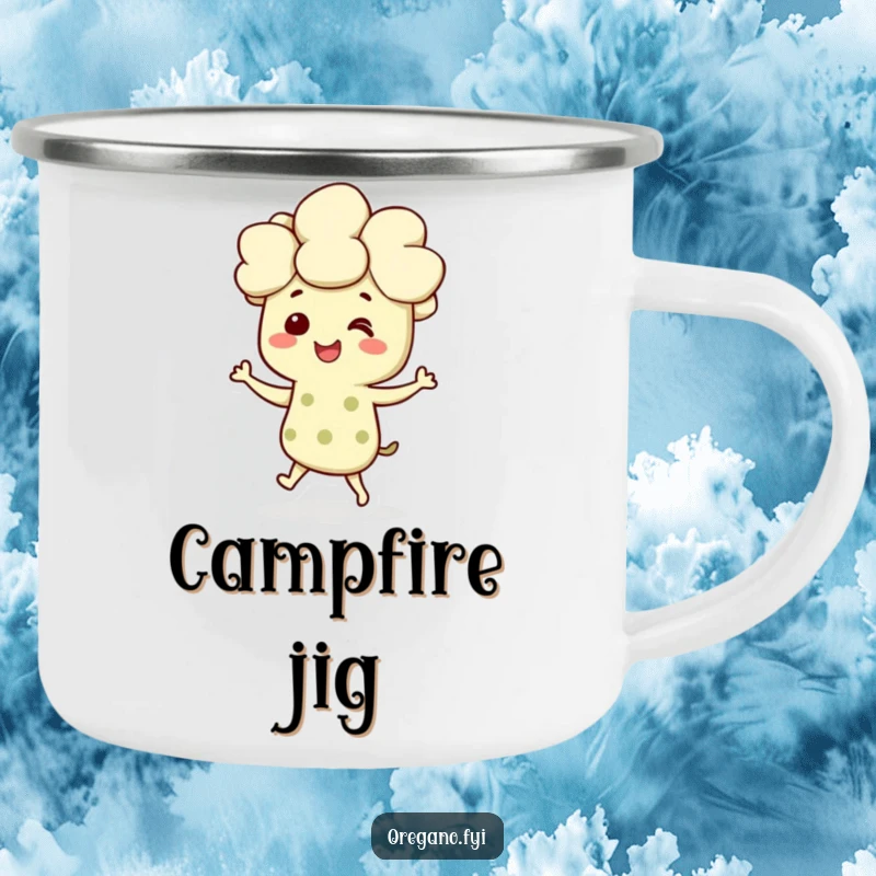 Funny camping mug with a smiling oregano character dancing joyfully, ideal for outdoor enjoyment with a humorous twist.