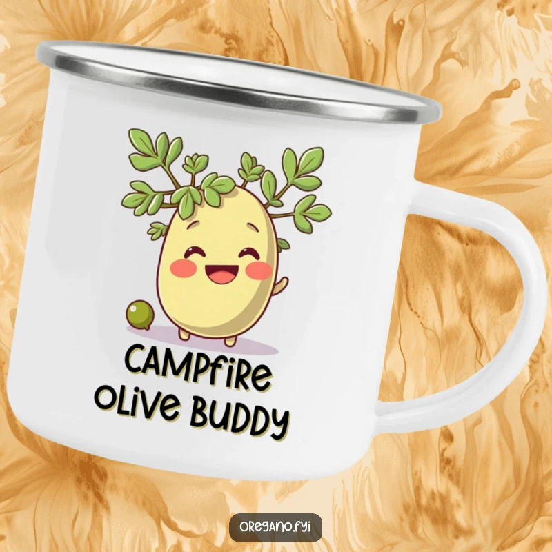 Funny oregano sprig character smiling as a small olive rolls past, a durable mug for outdoor fun.