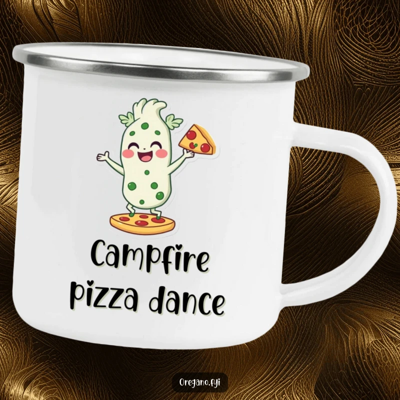 Funny camping mug featuring an oregano character dancing on a pizza slice, ideal for outdoor enthusiasts who love pizza and humor.