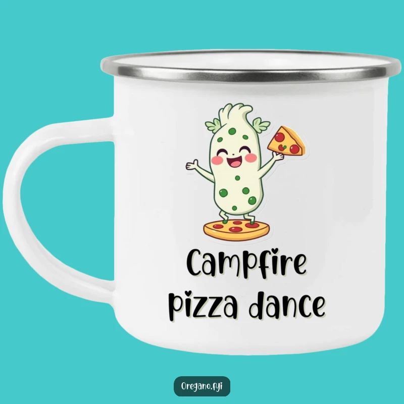 Funny Dancing Oregano Camping Mug: Pizza Lover, Campfire Pizza Fun