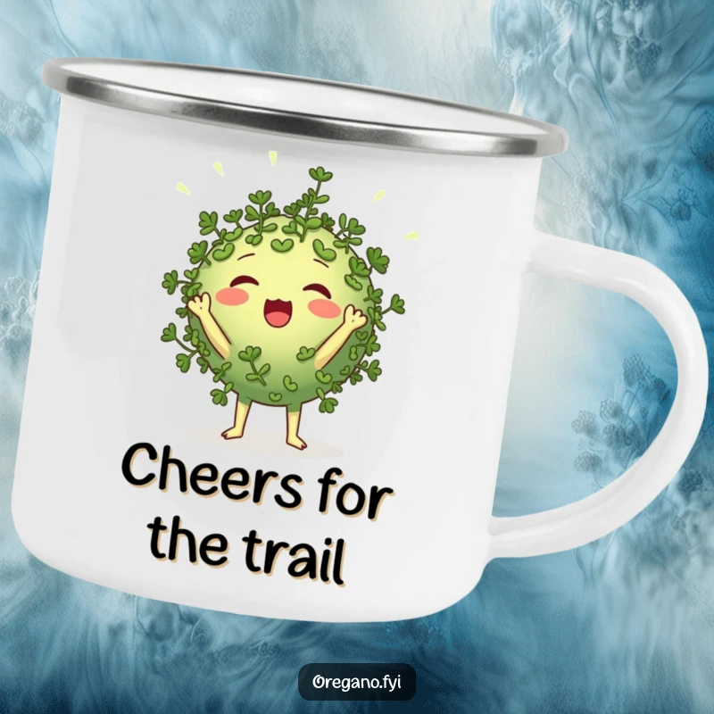 Funny round oregano character camping mug cheering loudly with tiny leaf-like pom-poms, durable and humorous enamelware for outdoor enthusiasts.