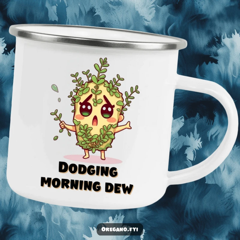 Funny camping mug: An oregano character comically dodges a falling herb sprig, designed for outdoor humor.