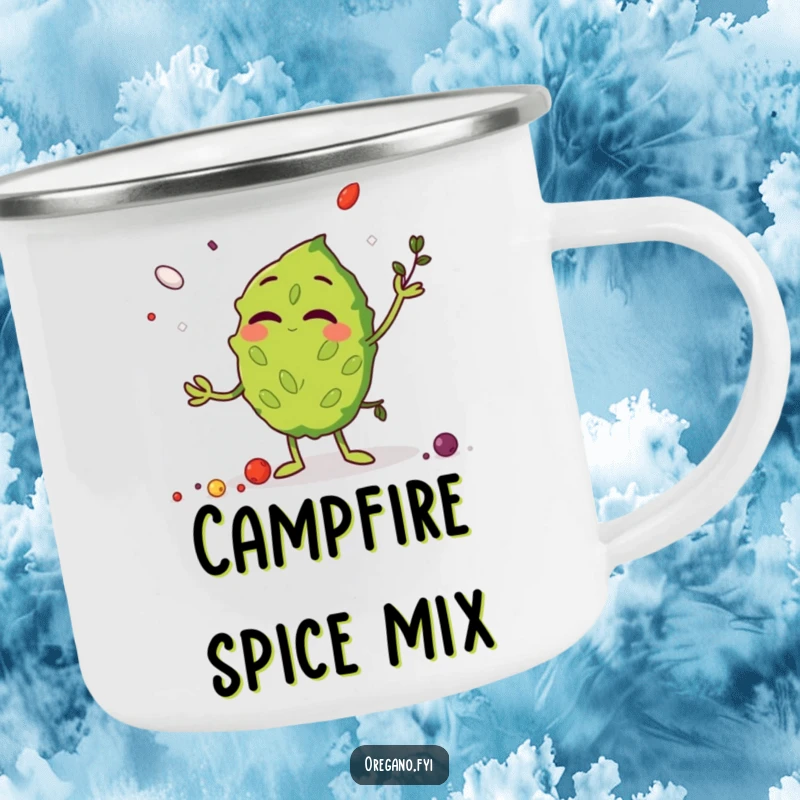 Funny Camping Mug featuring a giggling oregano leaf character juggling spices, ideal for outdoor enthusiasts with a sense of humor.