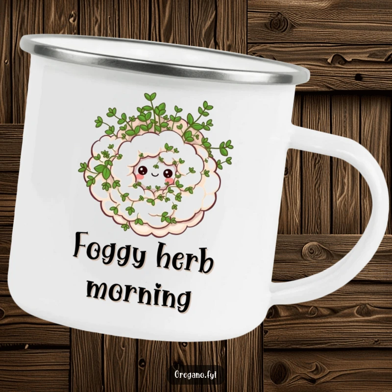 Funny camping mug with a swirling oregano cloud and happy eyes, ideal for outdoor enthusiasts seeking whimsical comfort. Durable.