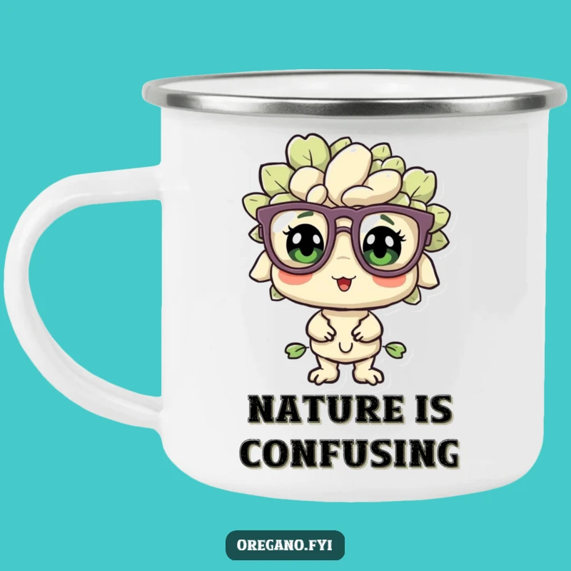 Funny Bewildered Oregano Camping Mug: Sip with Curious Delight Outdoors