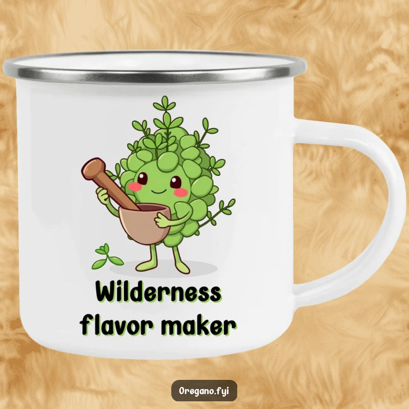 Funny camping mug art: An oregano leaf character holds a small mortar and pestle, ready to grind herbs, embodying outdoor culinary preparation.