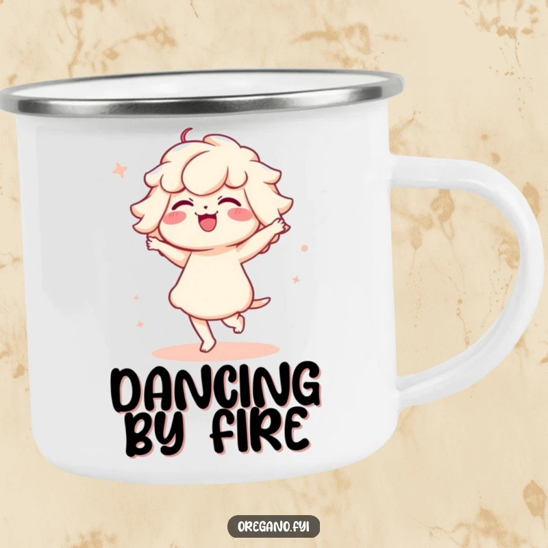 Funny camping mug depicting a Kawaii oregano character in a funny, delicate dance, ready for outdoor fun.