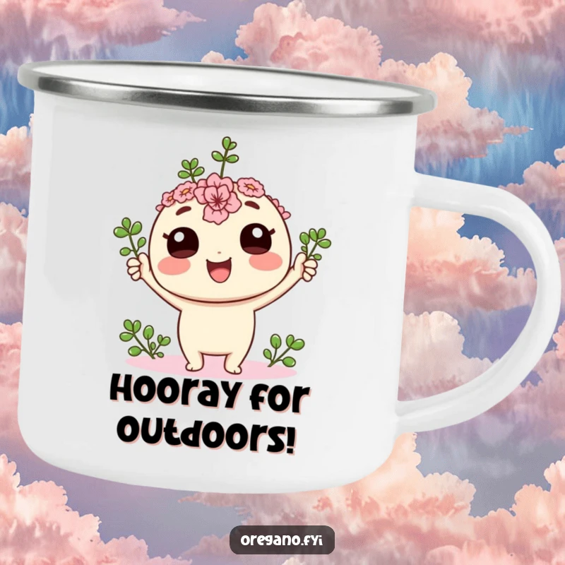 Funny kawaii oregano sprig character cheering with its tiny leaves held high on a durable camping mug, celebrating any occasion.