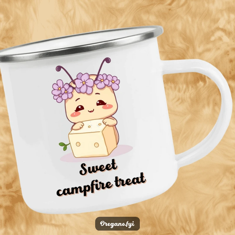 Funny camping mug with a smiling oregano herb sporting tiny antennae, curiously inspecting a sugar cube, perfect for outdoor enjoyment.