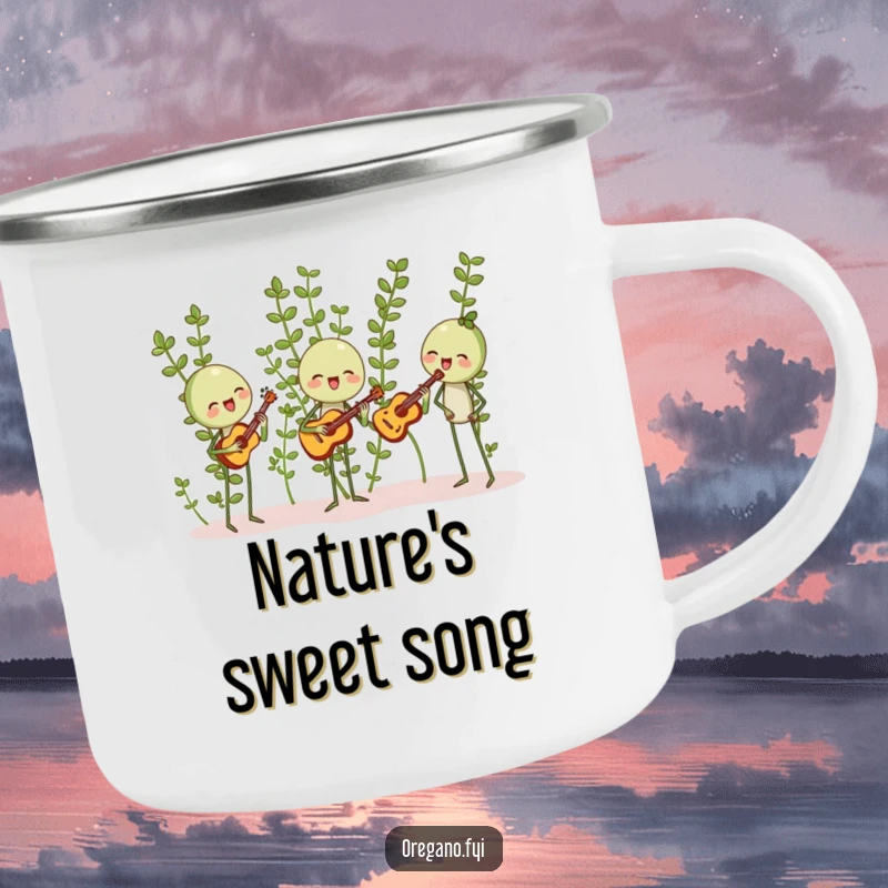 Funny camping mug featuring oregano sprigs happily harmonizing with leaf-shaped instruments, ideal for outdoor enthusiasts who love music and humor.
