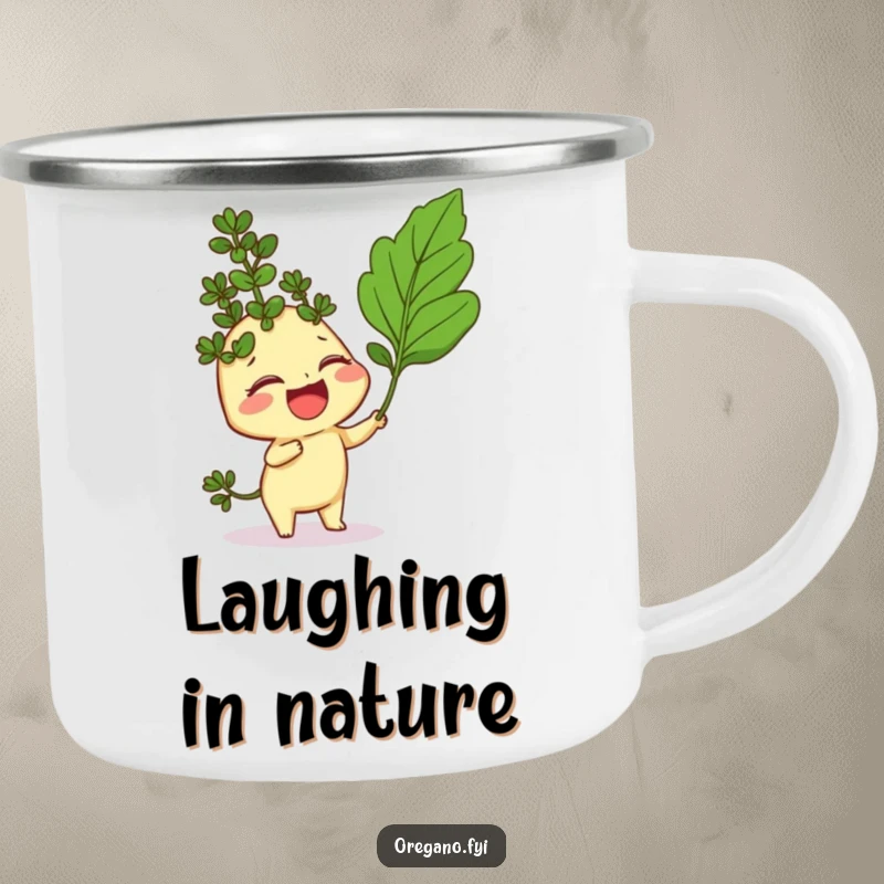 Funny camping mug with a giggling oregano sprig character being playfully tickled by a curry leaf, durable and fun for outdoors.