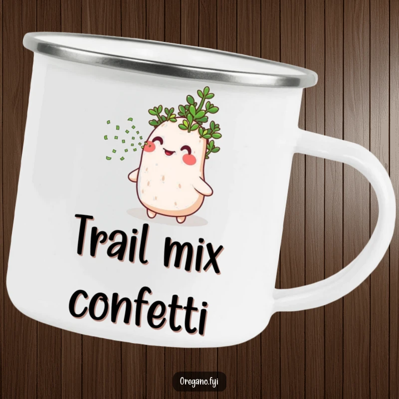 Funny camping mug with a jubilant oregano herb blowing a festive shower of tiny green confetti, perfect for outdoor enjoyment.