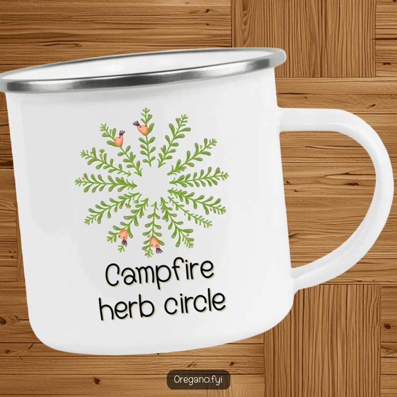 Funny camping mug: Happy oregano sprigs dance in a fragrant circle, ideal for outdoor enjoyment.