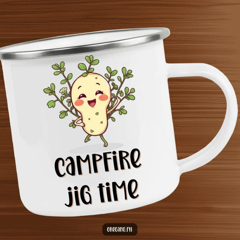 Funny camping mug featuring a smiling oregano sprig character doing a jaunty jig, perfect for enjoying drinks with a side of herbal merriment.
