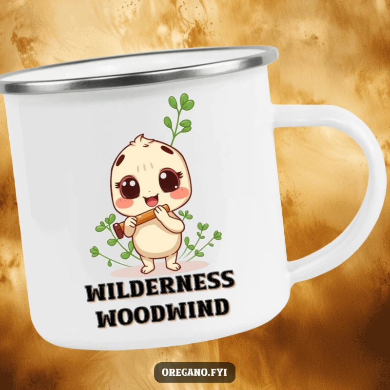 Funny oregano sprig camping mug, joyfully playing a tiny panpipe by the campfire.