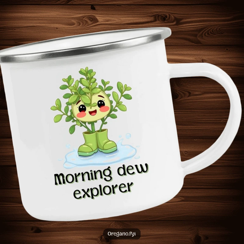 Funny Oregano Rain Boots Camping Mug: A happy oregano sprig in tiny boots, ready for outdoor escapades.