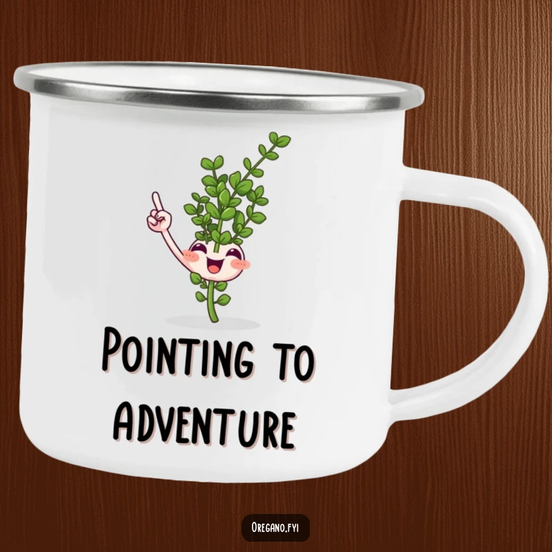 Funny smiling oregano sprig camping mug pointing upwards with a tiny leaf, durable and humorous enamelware for outdoor enthusiasts.