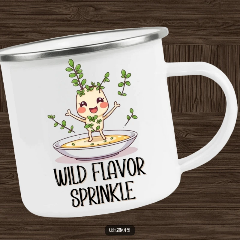 Funny camping mug featuring a cheerful oregano sprig character joyfully sprinkling itself onto a dish, ideal for outdoor cooks with a sense of humor.