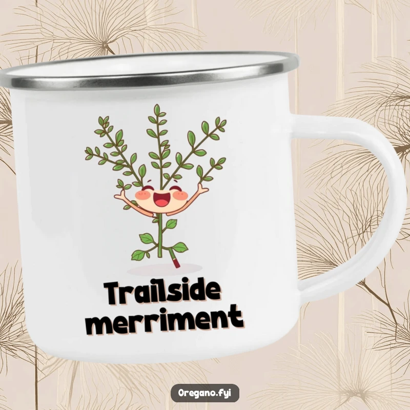 Funny camping mug with a joyful oregano sprig doing a silly twirl, a durable and humorous outdoor accessory.