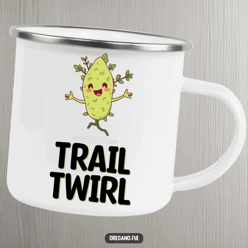 Funny camping mug featuring an oregano leaf character doing a happy pirouette with a flourish.