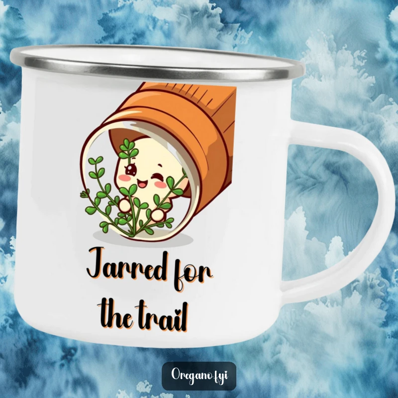Funny camping mug: A satisfied oregano character peeks from a spice jar, perfect for outdoor enjoyment.