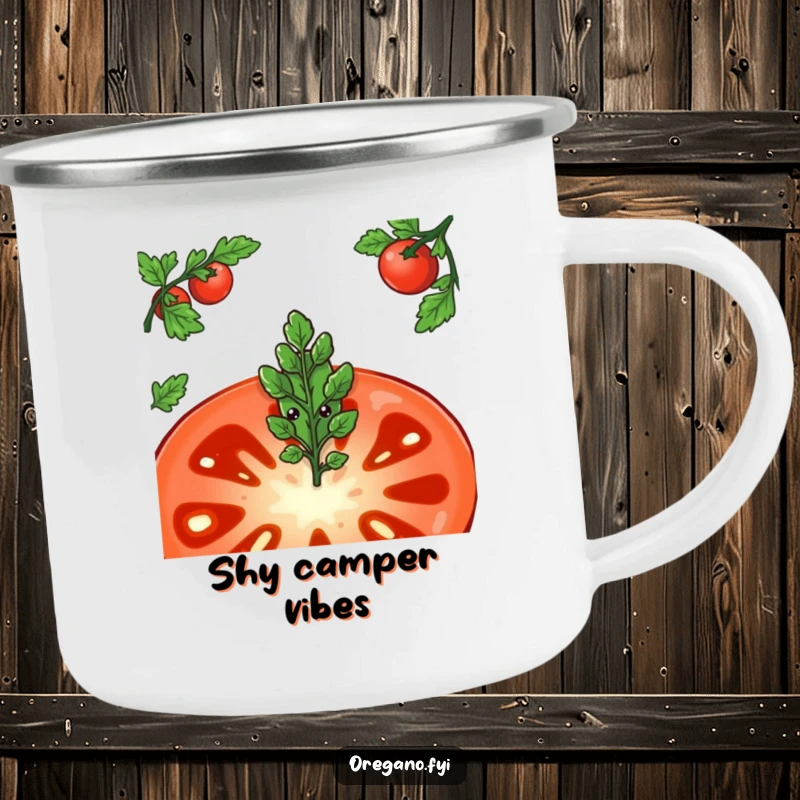Funny camping mug showing a shy oregano leaf character peeking from behind a large tomato slice, perfect for quiet drinks.