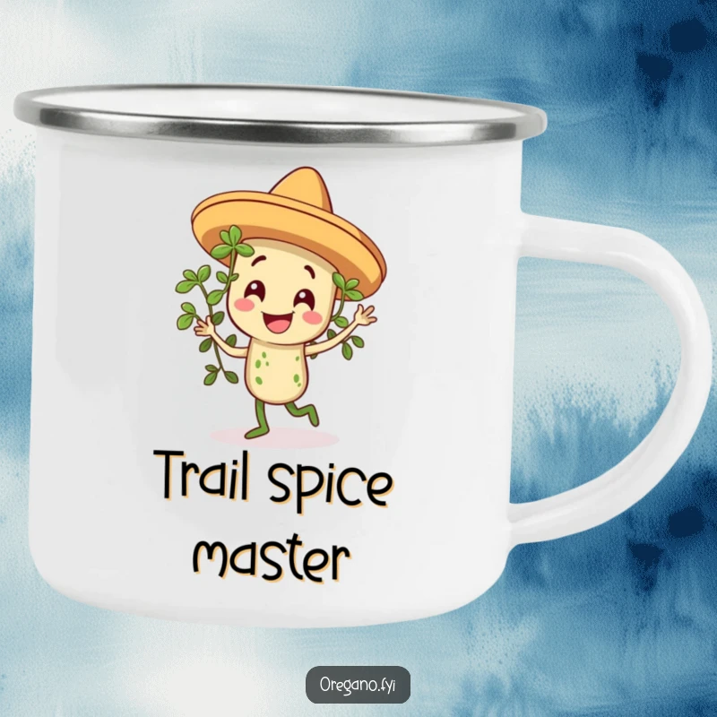 Funny camping mug with a smiling oregano sprig in a sombrero, dancing during an outdoor adventure, ready for fun.
