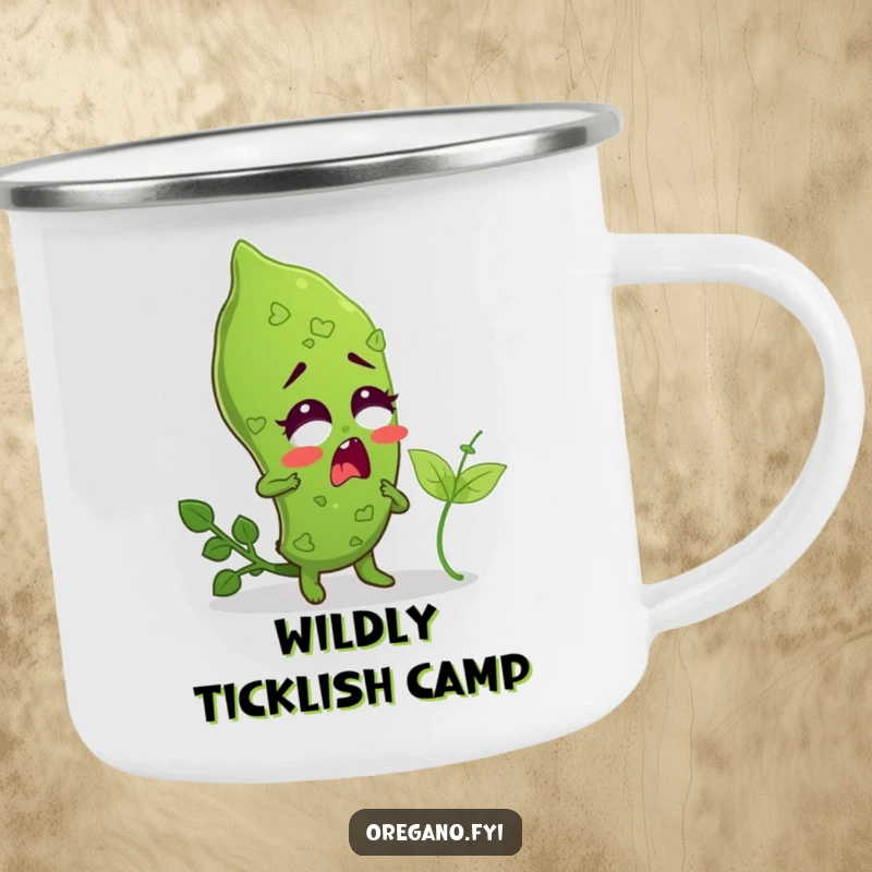 Funny camping mug featuring a surprised oregano leaf being tickled by a small basil leaf, for outdoor laughs.