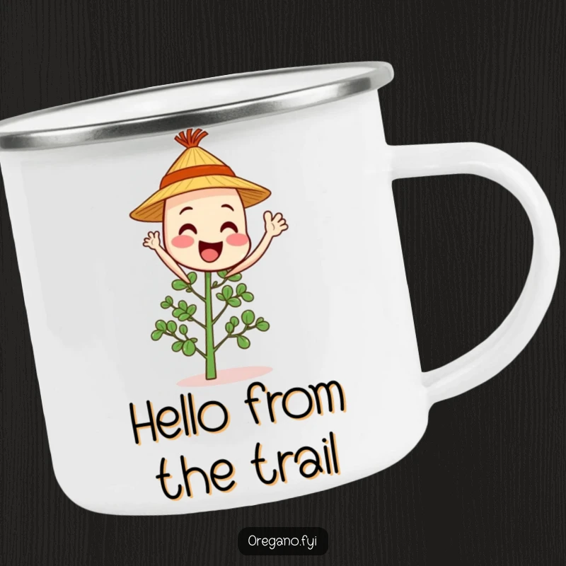 Cheerful oregano sprig character in a straw hat waves hello, ideal for outdoor drinks and sunny greetings.