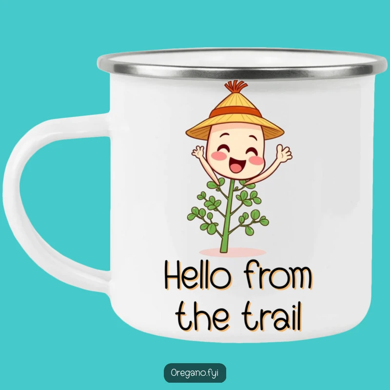 Funny Waving Oregano Camping Mug: Camp Greetings, Your Cheerful Outdoor Companion