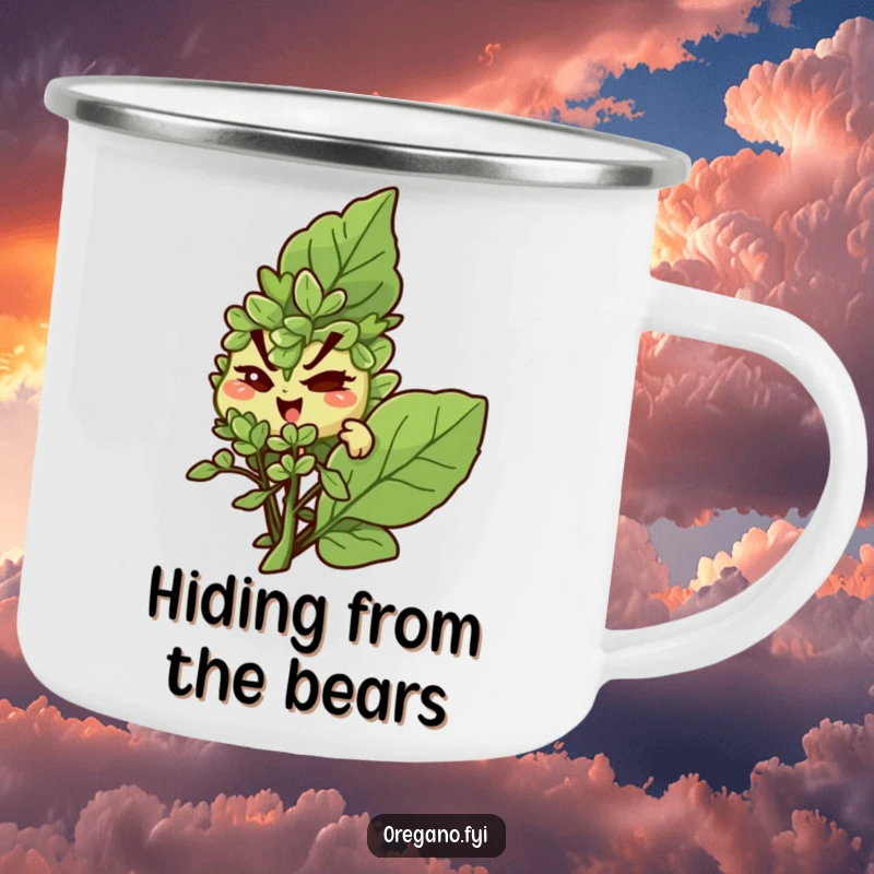 Funny camping mug: A mischievous oregano character winks behind a basil leaf, perfect for outdoor secrets.