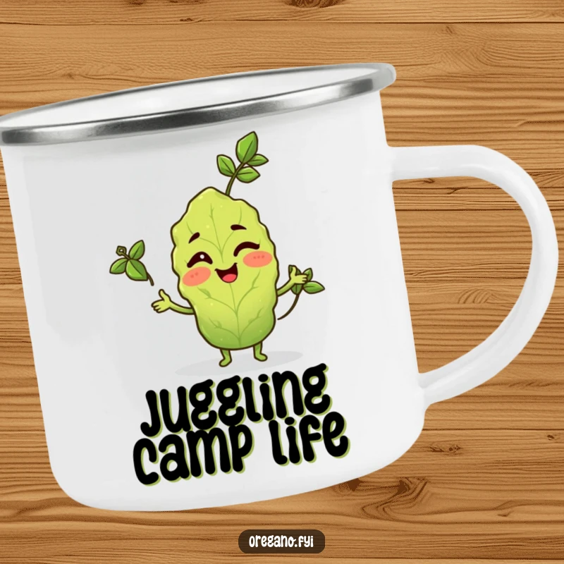 Funny camping mug featuring a winking oregano leaf character juggling three basil leaves outdoors.