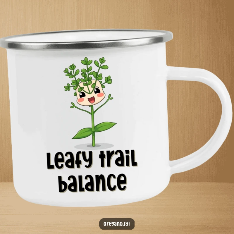 Funny camping mug featuring an oregano sprig character comically balancing on a single leaf, perfect for outdoor drinks with a dose of precarious humor.