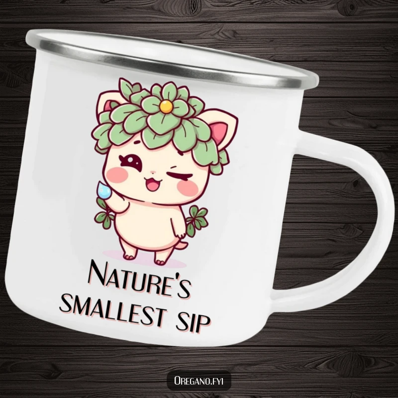 Funny camping mug with a mischievous oregano character winking and presenting a sparkling dewdrop, a durable and humorous outdoor accessory.