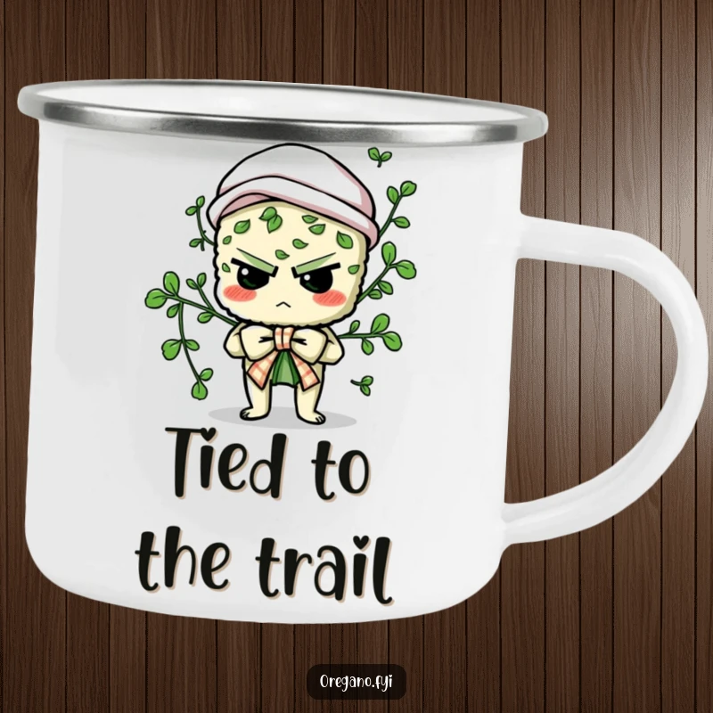 Funny camping mug featuring a determined oregano character comically attempting to tie a culinary bow, perfect for outdoor humor.