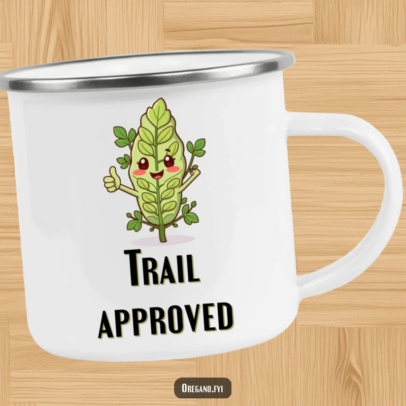 Funny camping mug with an oregano leaf giving a thumbs up, ideal for outdoor enthusiasts who appreciate positivity. Durable.