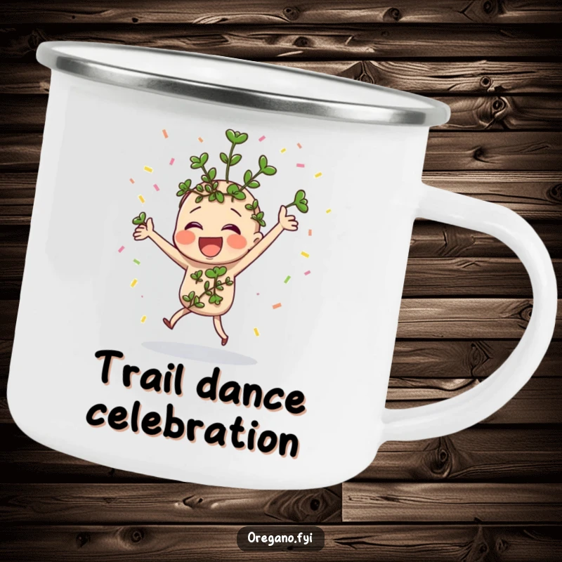 Funny oregano sprig dancing with confetti on a durable camping mug for festive adventures.