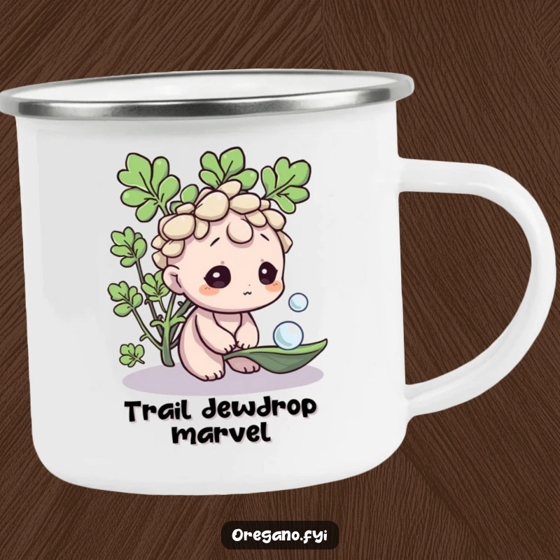 Funny Oregano camping mug, a curious herb character looking at a dewdrop on a leaf, built for adventure and thoughtful moments. A unique outdoor gift.