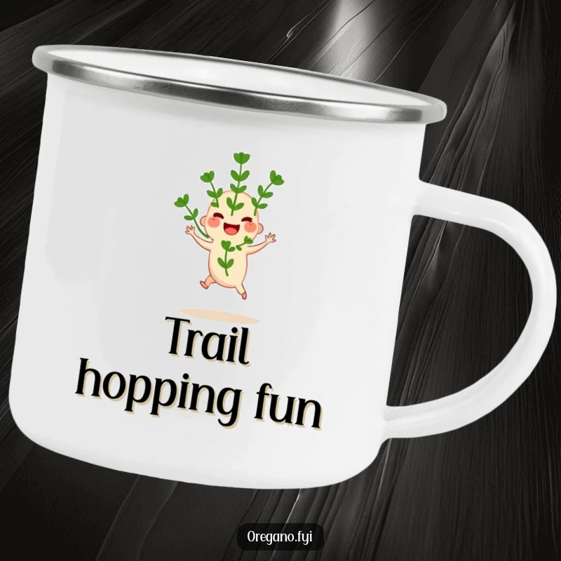 Funny camping mug with a joyful oregano sprig performing a happy hop, ideal for outdoor enthusiasts seeking fun. Durable.