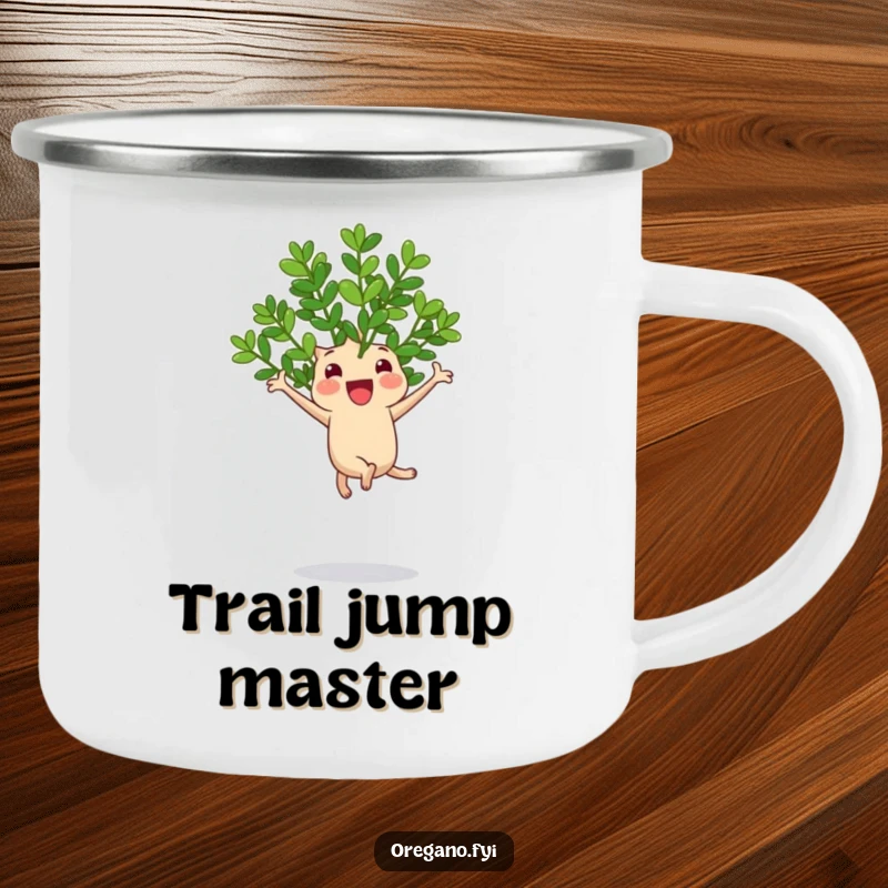 Funny camping mug with a cheerful oregano sprig performing a joyful jump on a bouncy leaf during an outdoor adventure.