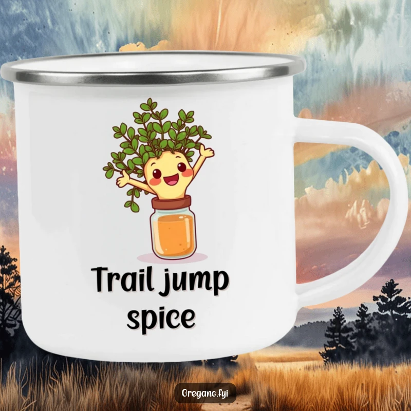 Funny camping mug featuring a happy oregano sprig character joyfully leaping over a spice jar, perfect for outdoor drinks with energetic herbal fun.