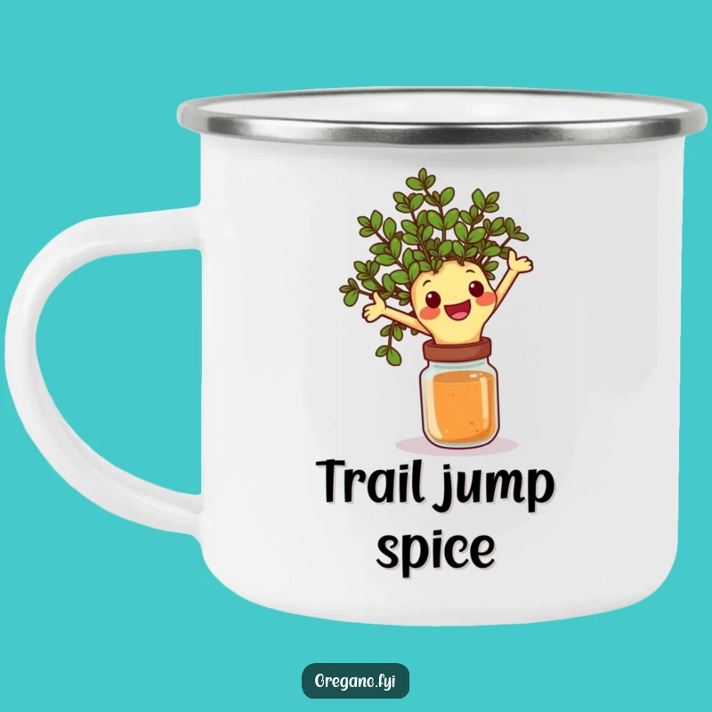 Funny Oregano Leap Camping Mug: Adventure Fuel with Jumping Herb Fun