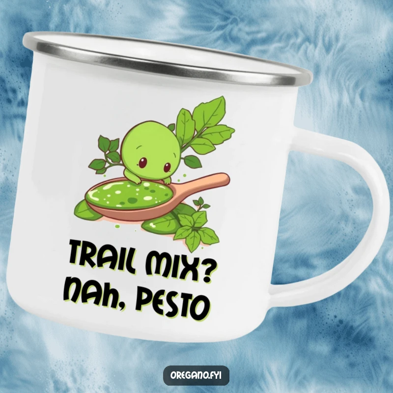 Funny camping mug art: An oregano leaf character curiously exploring a large spoonful of pesto, ready for outdoor adventures and jokes.