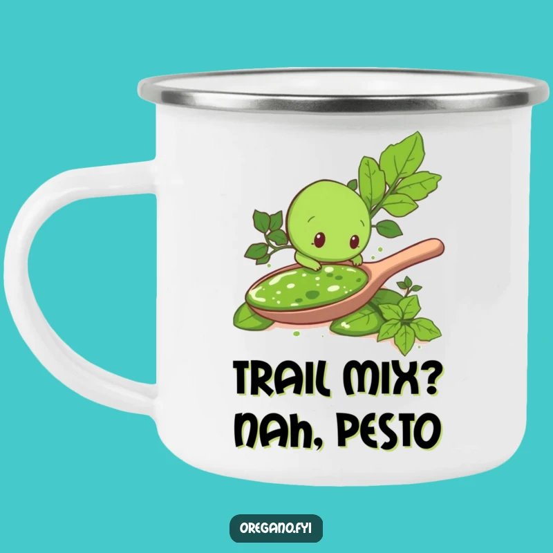 Funny Pesto Explorer Oregano Leaf Camping Mug: Adventure & Humor Outdoors!